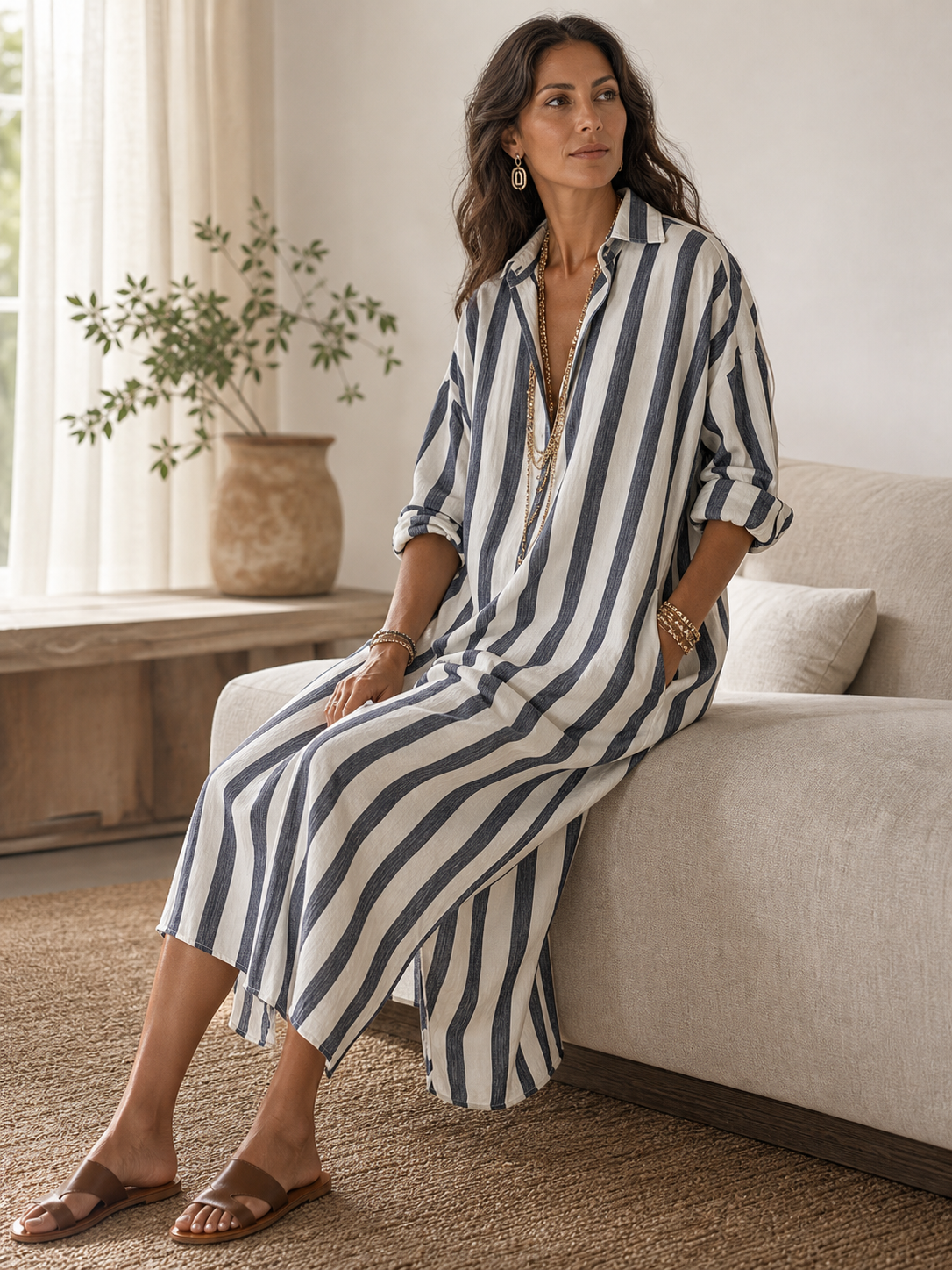 Kestelle™ | Striped Long Sleeve Maxi Dress