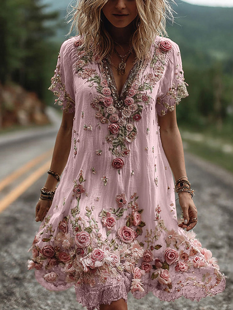 Rosamund™ | Vintage Floral Embroidered Short-Sleeve Dress