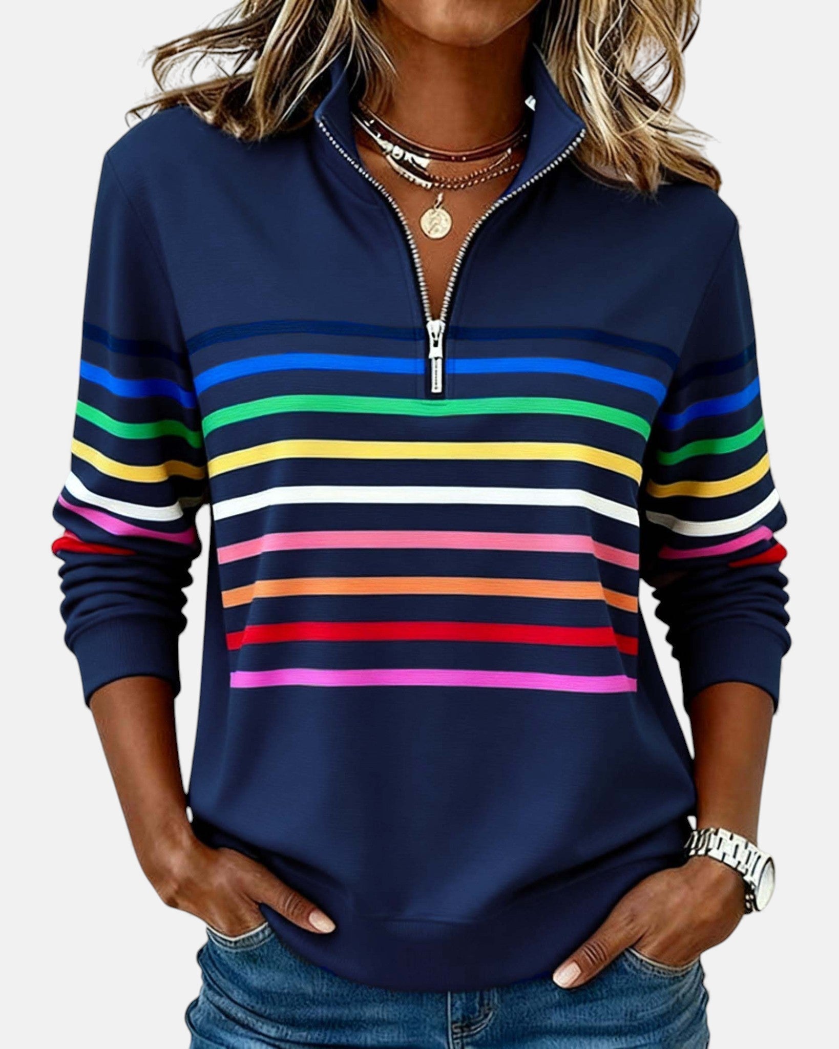 Vyclora™ | Rainbow Striped Half-Zip Sweatshirt