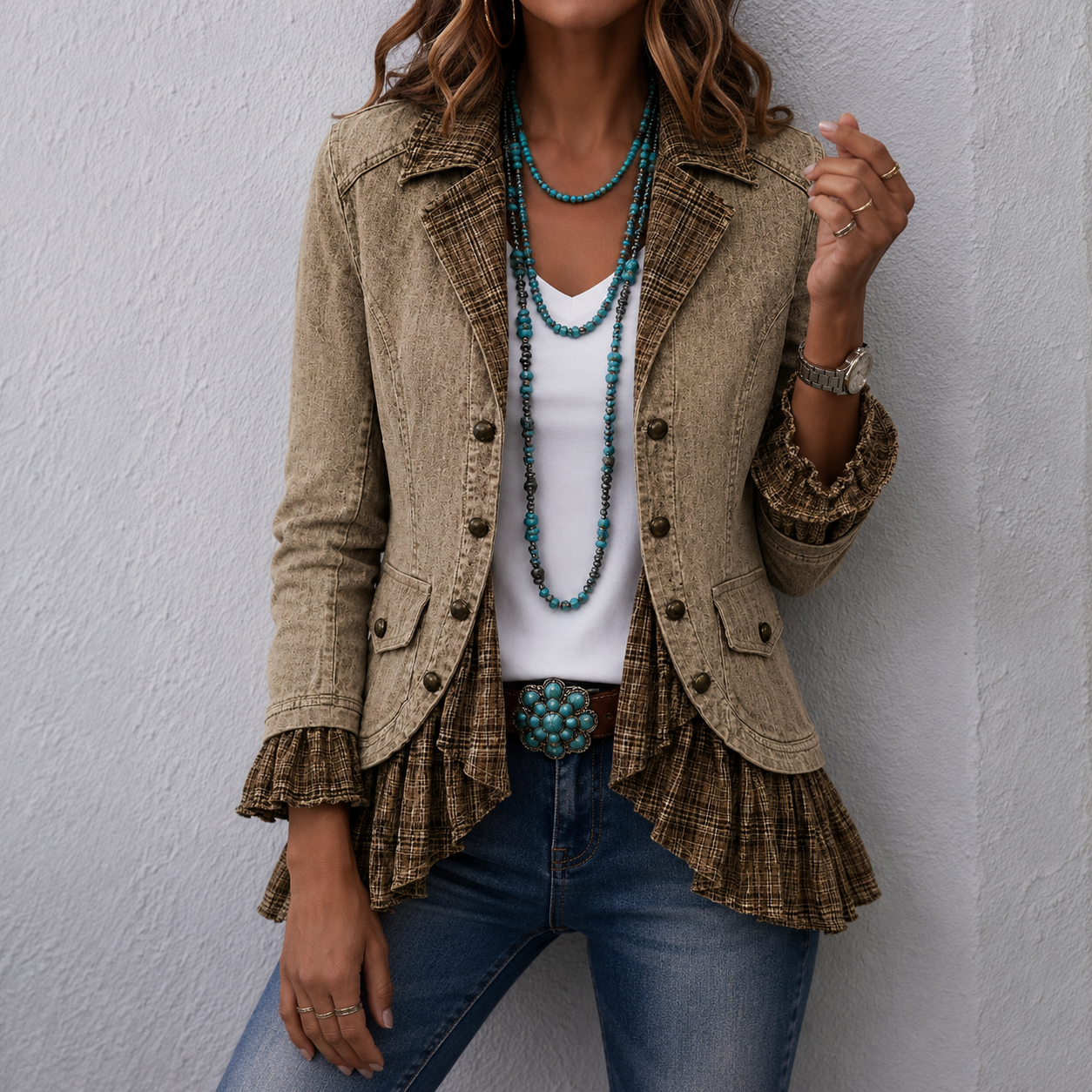 Thistledown™ | Plaid Trim Pleated Hem Jacket