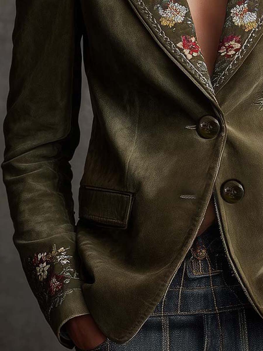 Edalvine™ | Olive Green Floral Embroidered Blazer