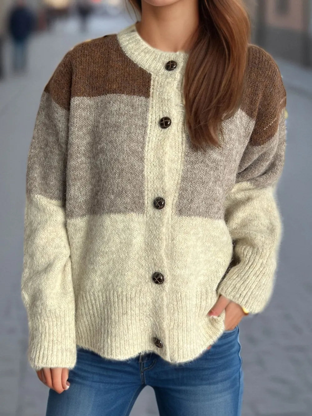 Elowyn™ | Color Block Round Neck Button-Up Cardigan