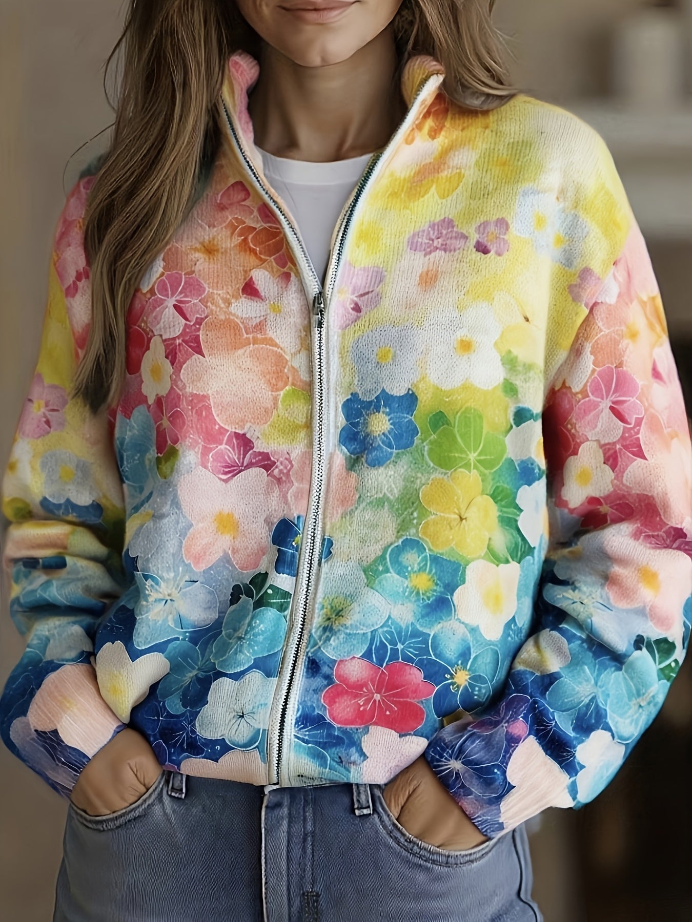 Augusta™ | Watercolor Floral Ombre Zip Cardigan