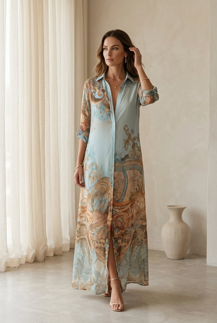 Tessamine™ | Baroque Floral Print Maxi Shirt Dress