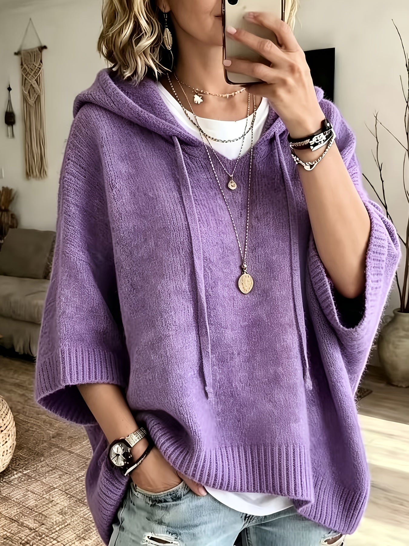 Vynora™ | Casual Drawstring Hooded Poncho Sweater