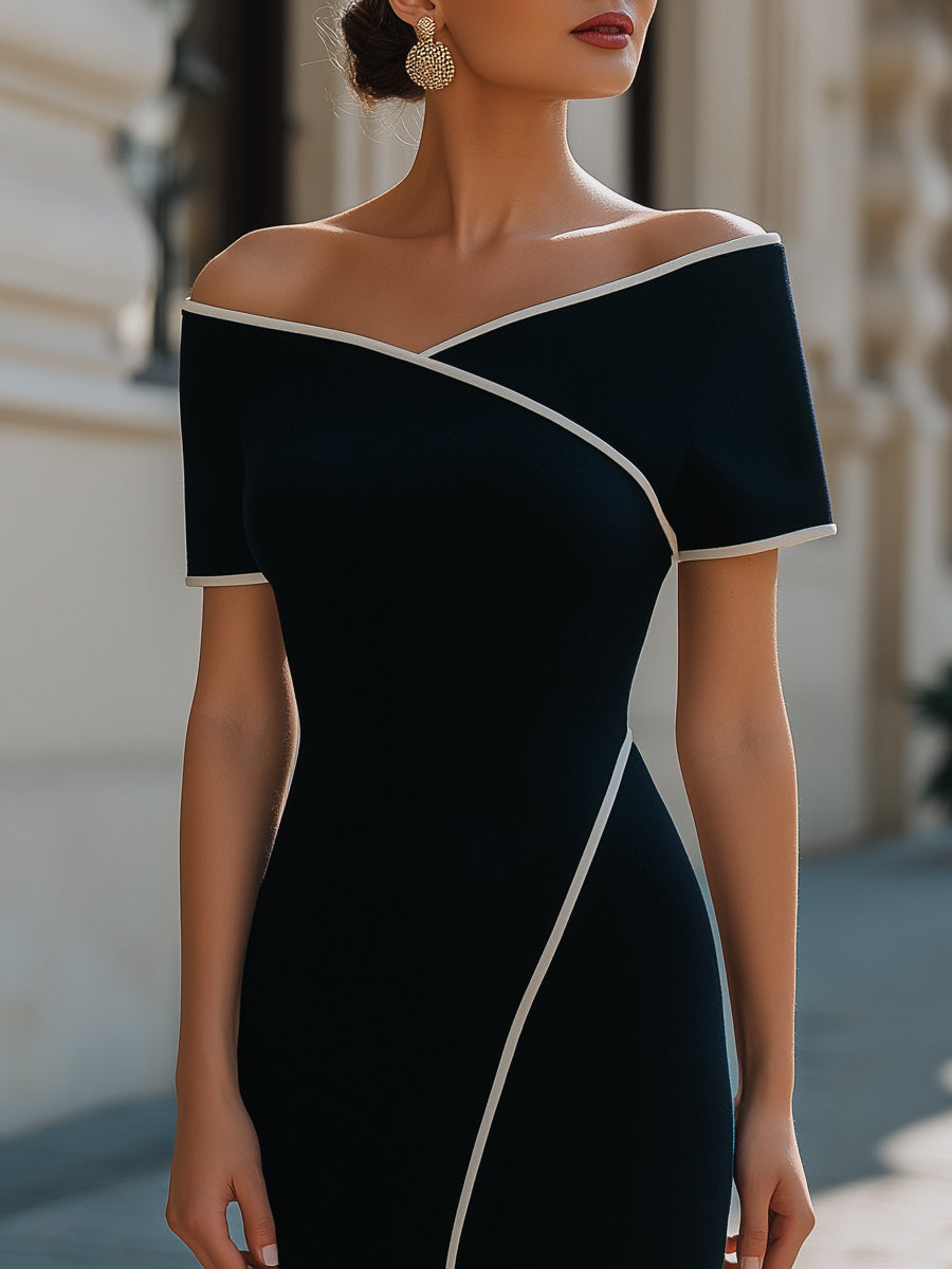 Mirabel™ | Off-Shoulder Midi Dress with Contrast Trim and Crossover Neckline