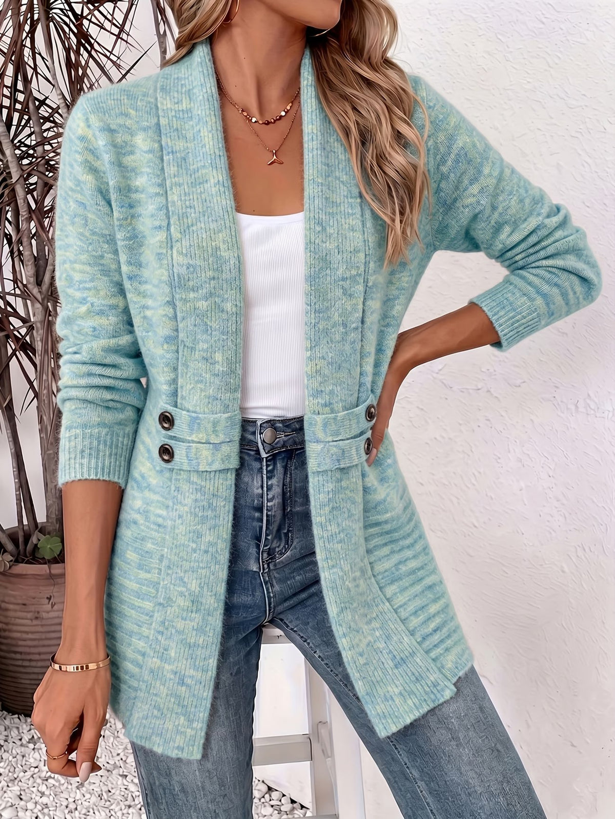 Nova™ | Aqua Ribbed Knit Button-Tab Cardigan