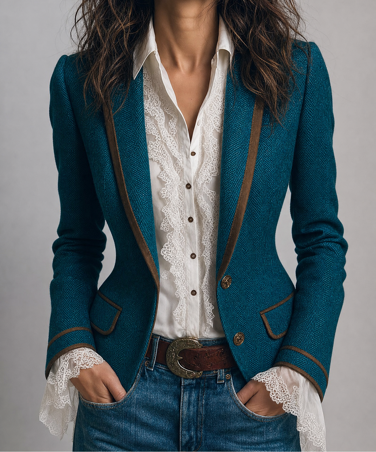 Giselle | Retro Herringbone Tweed Fitted Blazer with Contrast Trim