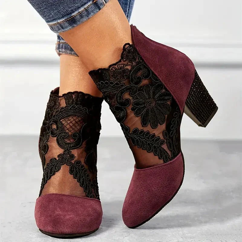 Hazel™ | Lace Embroidered Ankle Bootie Heel