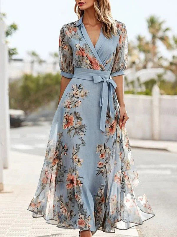 Elowen™ | Floral Wrap V Neck Maxi Dress