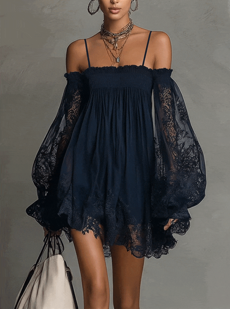 Louisa | Off-Shoulder Chiffon Dress with Lace Sleeves