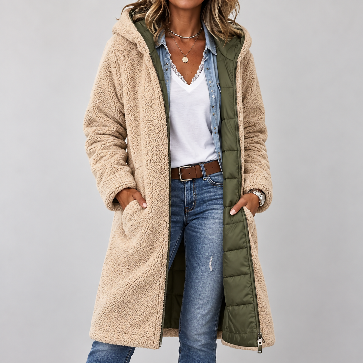 Gwendolen™ | Reversible Sherpa & Quilted Longline Coat