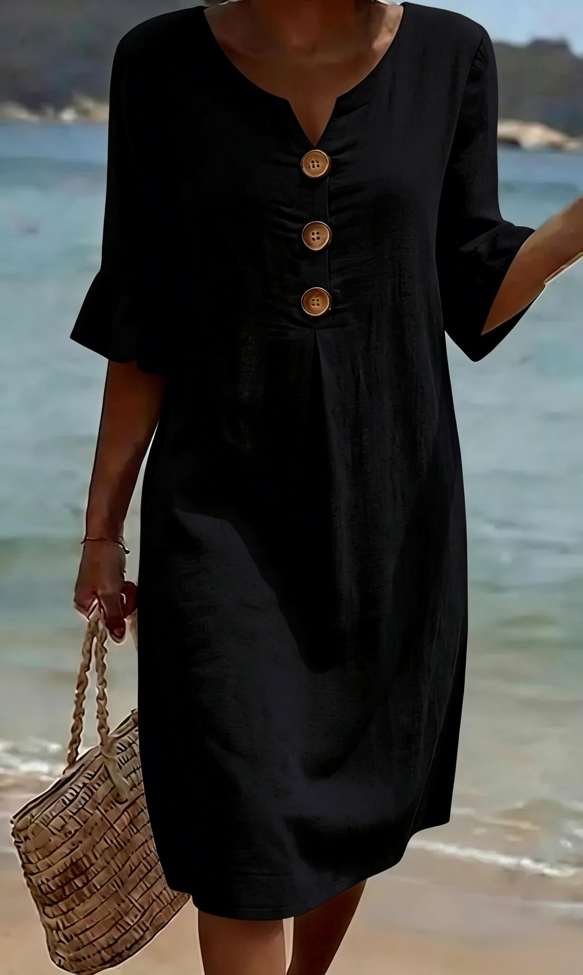 Lavette™ | Casual V-Neck Button-Front Dress with Flared Sleeves