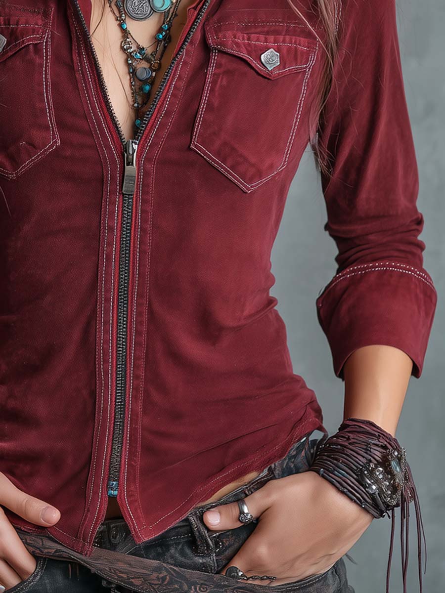 Kendra™ | Vintage Zip-Up Collar Flap Pocket Distressed Shirt