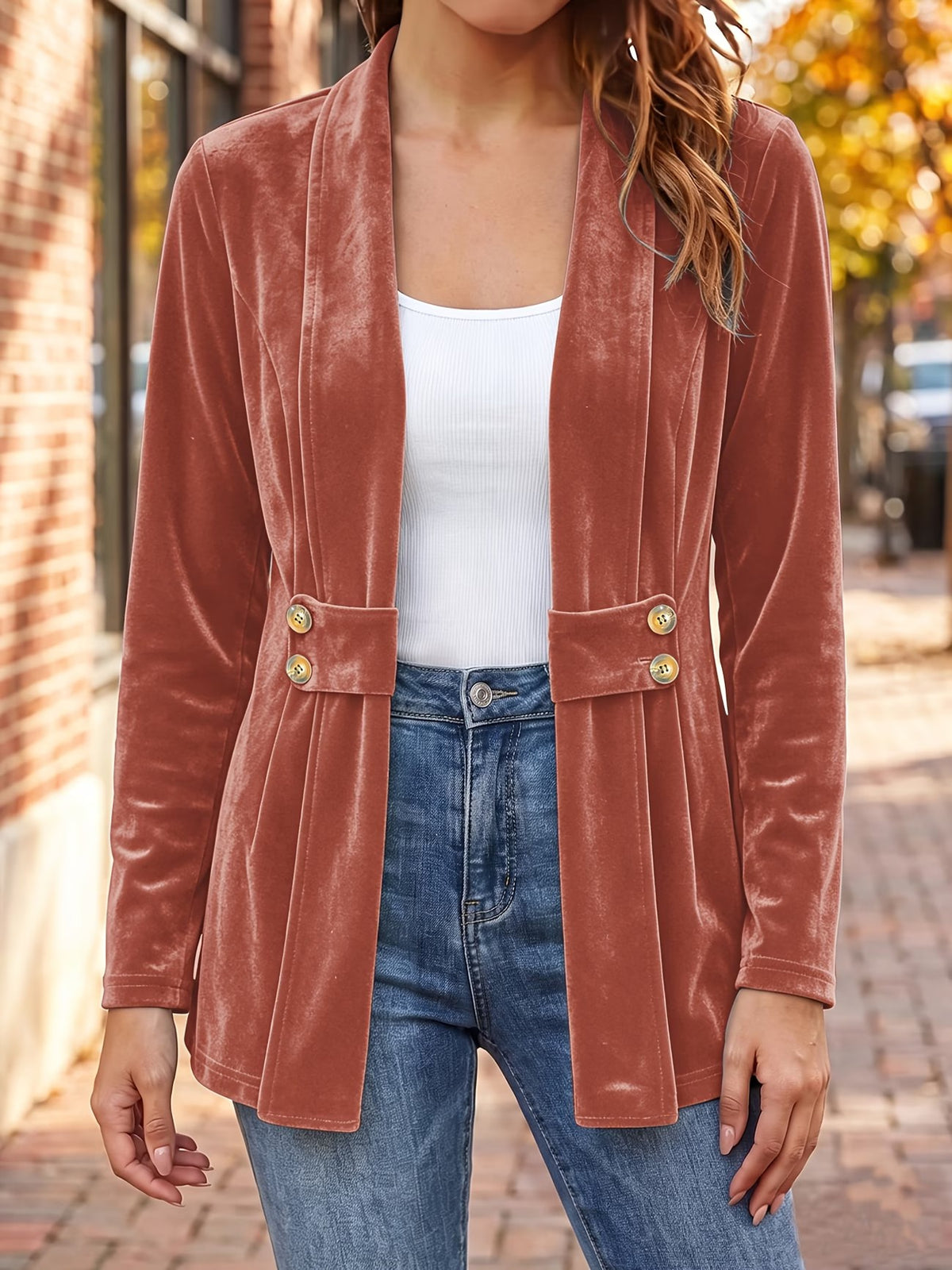 Sienna™ | Rust Velvet Button-Tab Cardigan