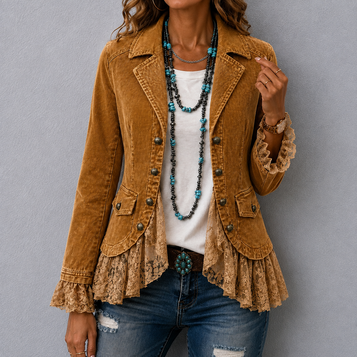 Wrenfield™ | Corduroy Lace Patch Ruffled Trim Jacket