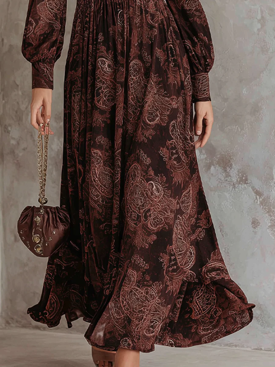Celestyna™ | Paisley Print Zipper-Neck Long Sleeve Maxi Dress