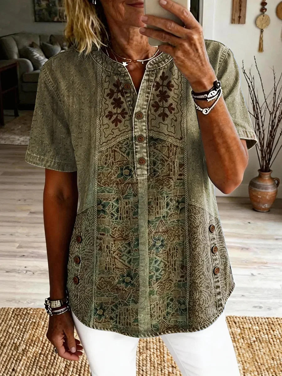 Fiorella™ | Vintage Ethnic Print Short-Sleeve Shirt