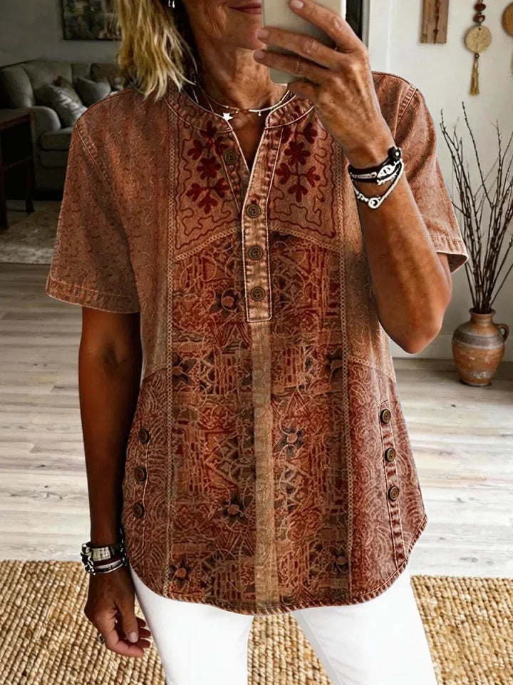 Fiorella™ | Vintage Ethnic Print Short-Sleeve Shirt