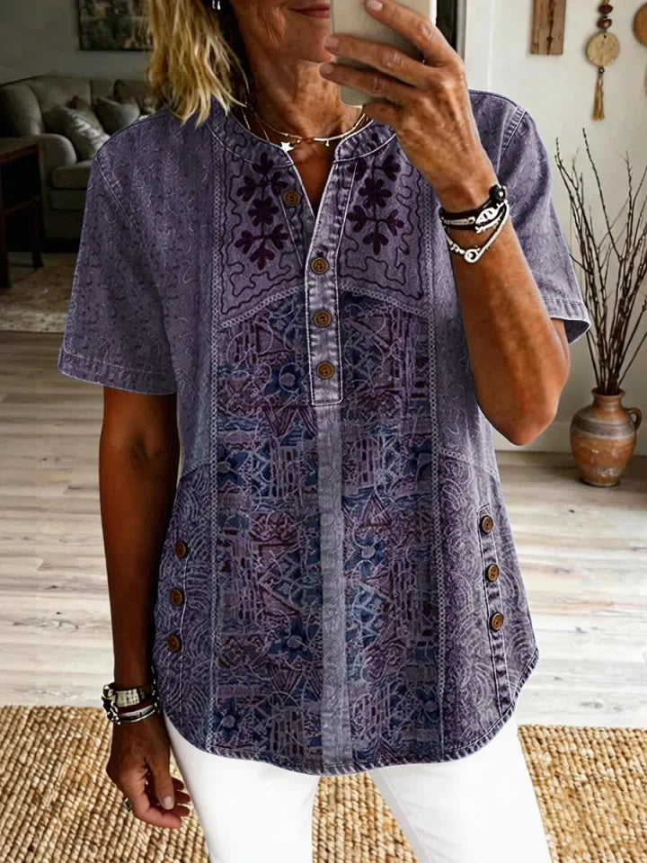 Fiorella™ | Vintage Ethnic Print Short-Sleeve Shirt