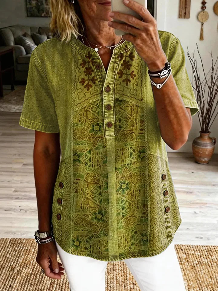Fiorella™ | Vintage Ethnic Print Short-Sleeve Shirt