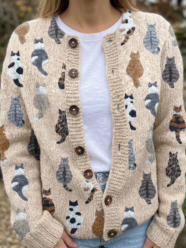 Lottara™ | Cozy Cat Print Cardigan