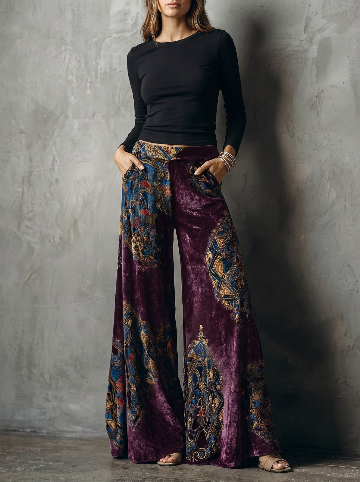 grisella plum paisley velvet palazzo trousers