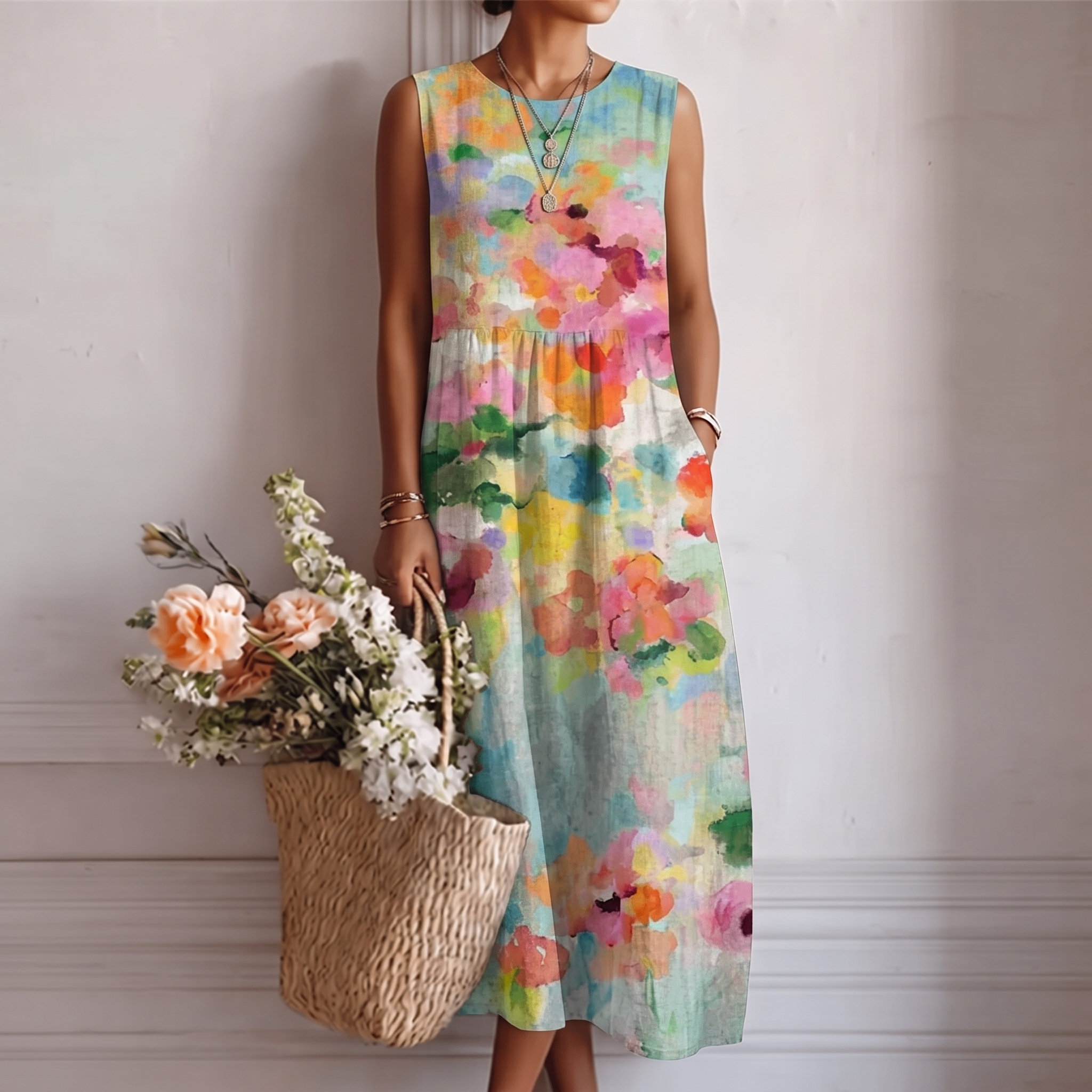 Tivela™ | Elegant Multicolor Midi Dress