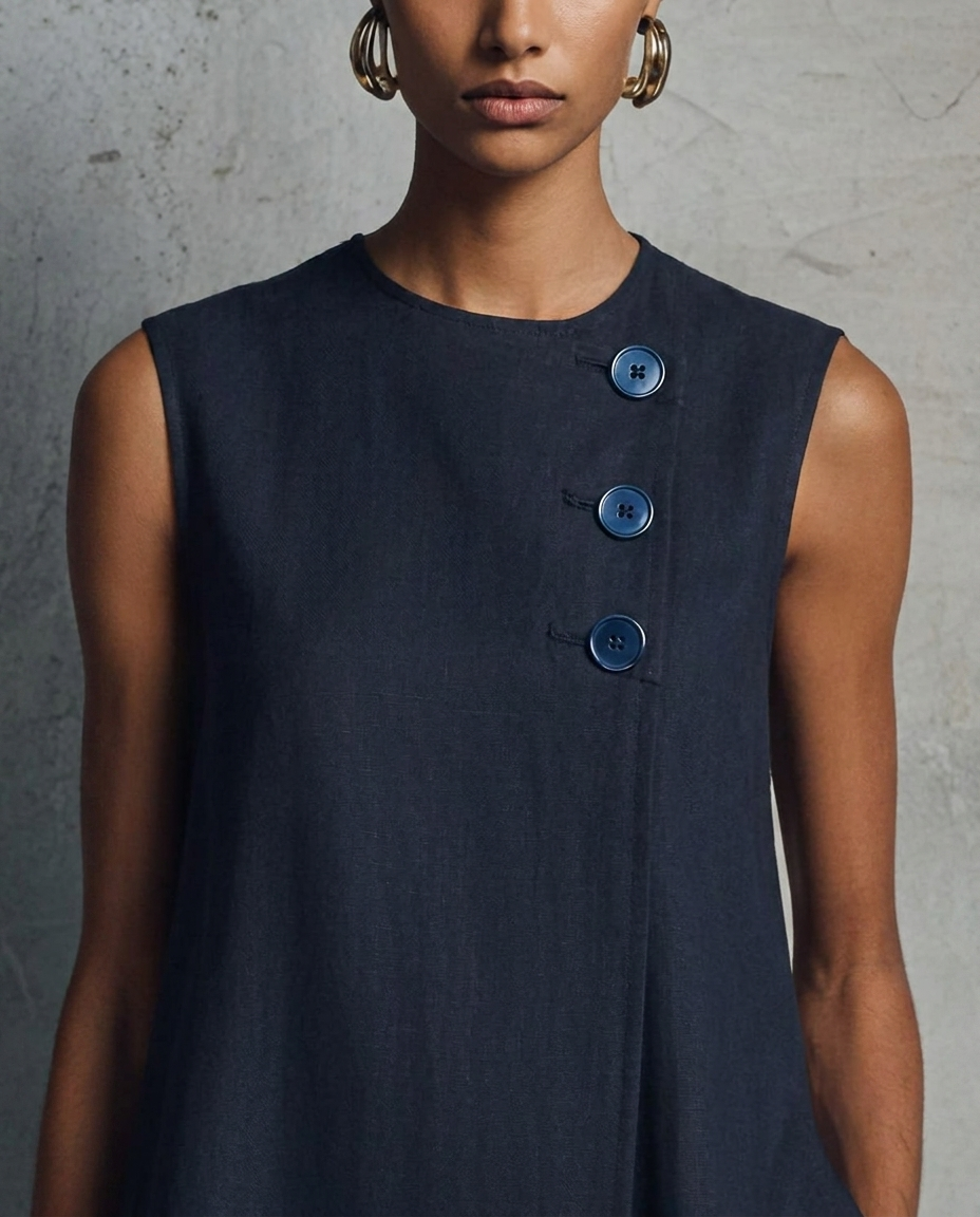 Avalon™ | Round Neck Mini Dress with Asymmetric Buttons