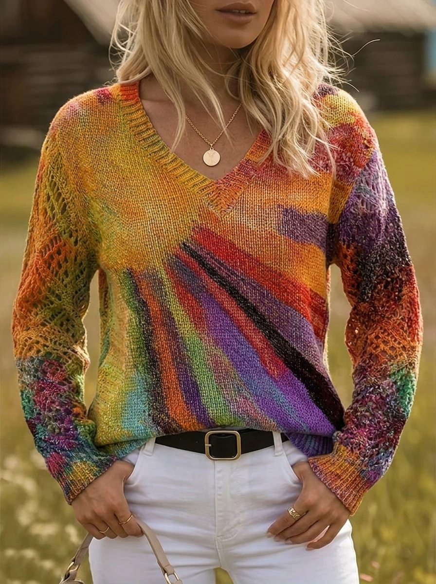 Dazzelle™ | Bohemian Sunburst V-Neck Knit Top