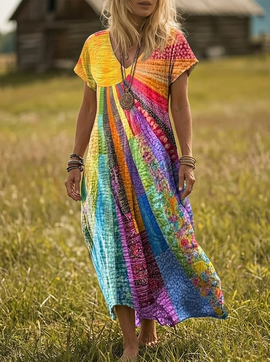 Rosaura™ | Sunburst Print Holiday Maxi Dress