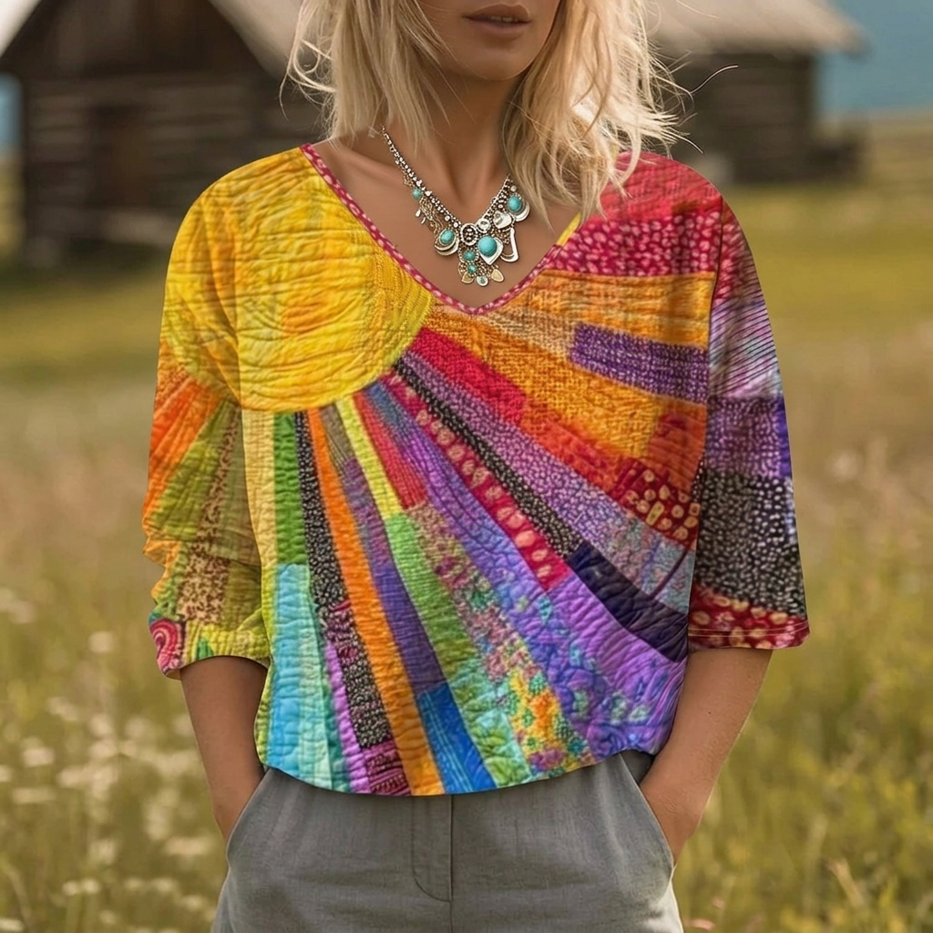 Vyndra™ | Sunburst Print V-Neck Top