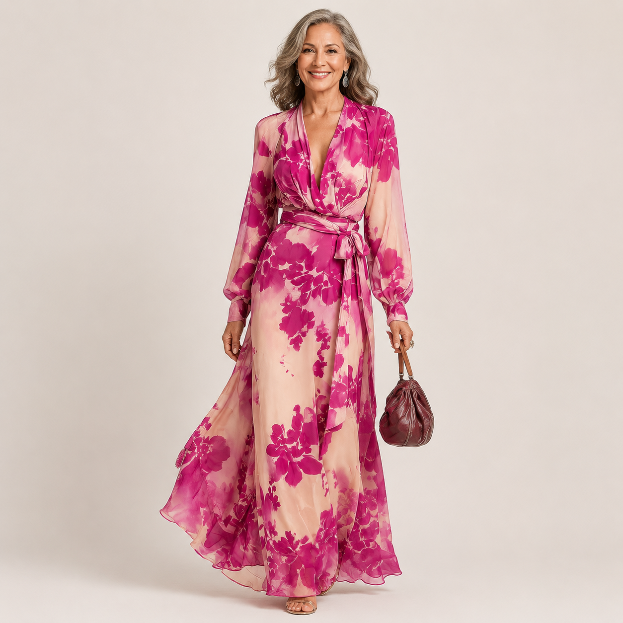 Julianne™ | Rose Floral V-Neck Belted Maxi Dress