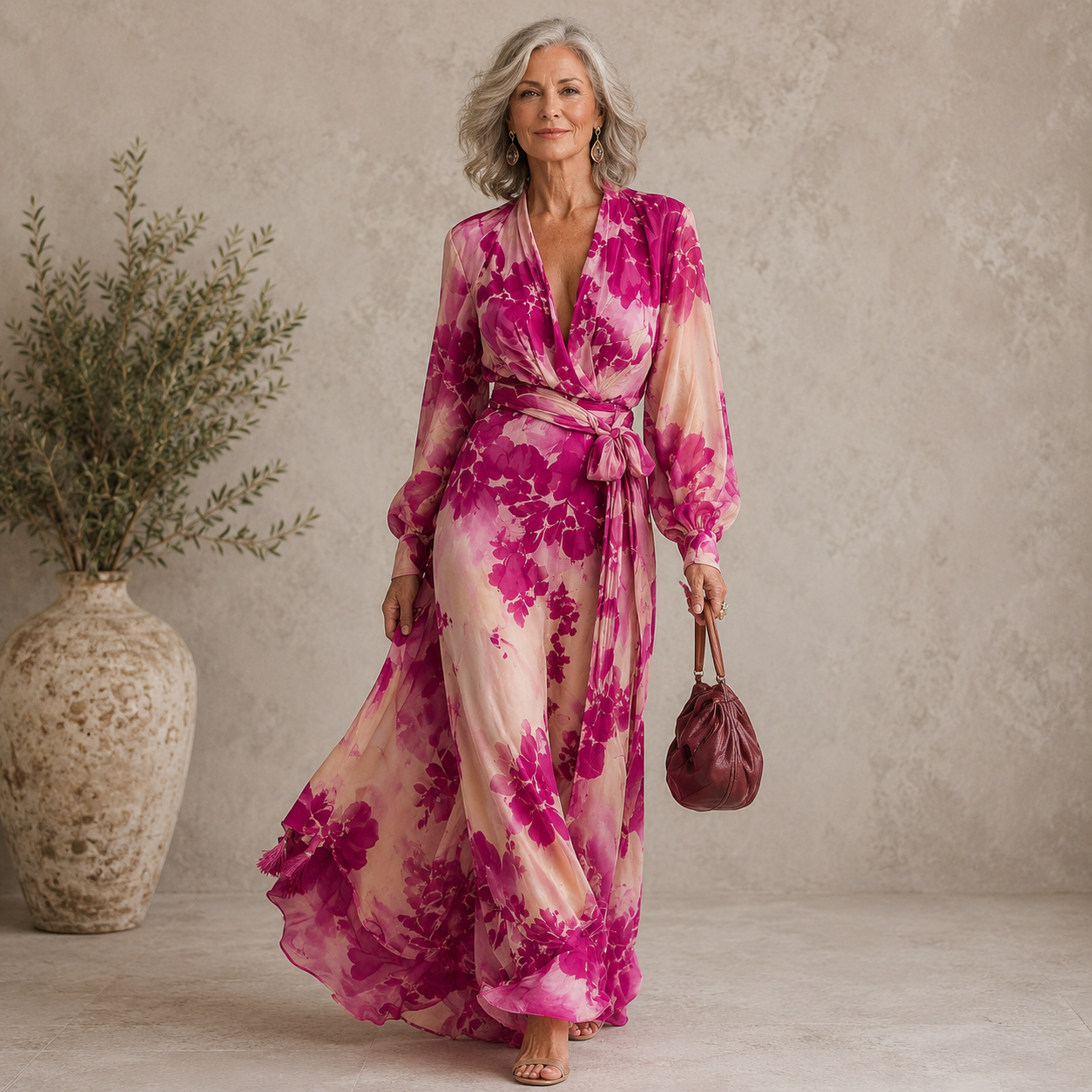 Julianne™ | Rose Floral V-Neck Belted Maxi Dress