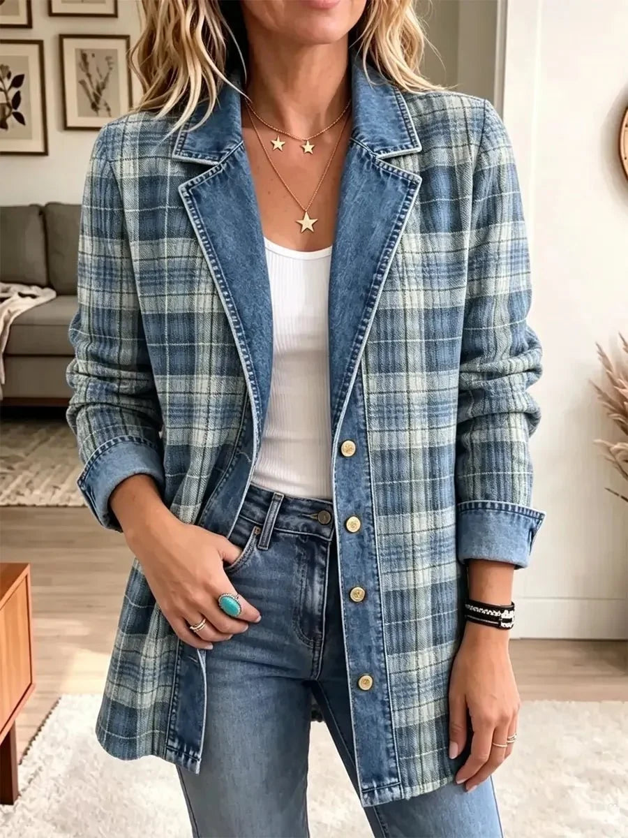 Norene™ | Blue Plaid Denim Jacket