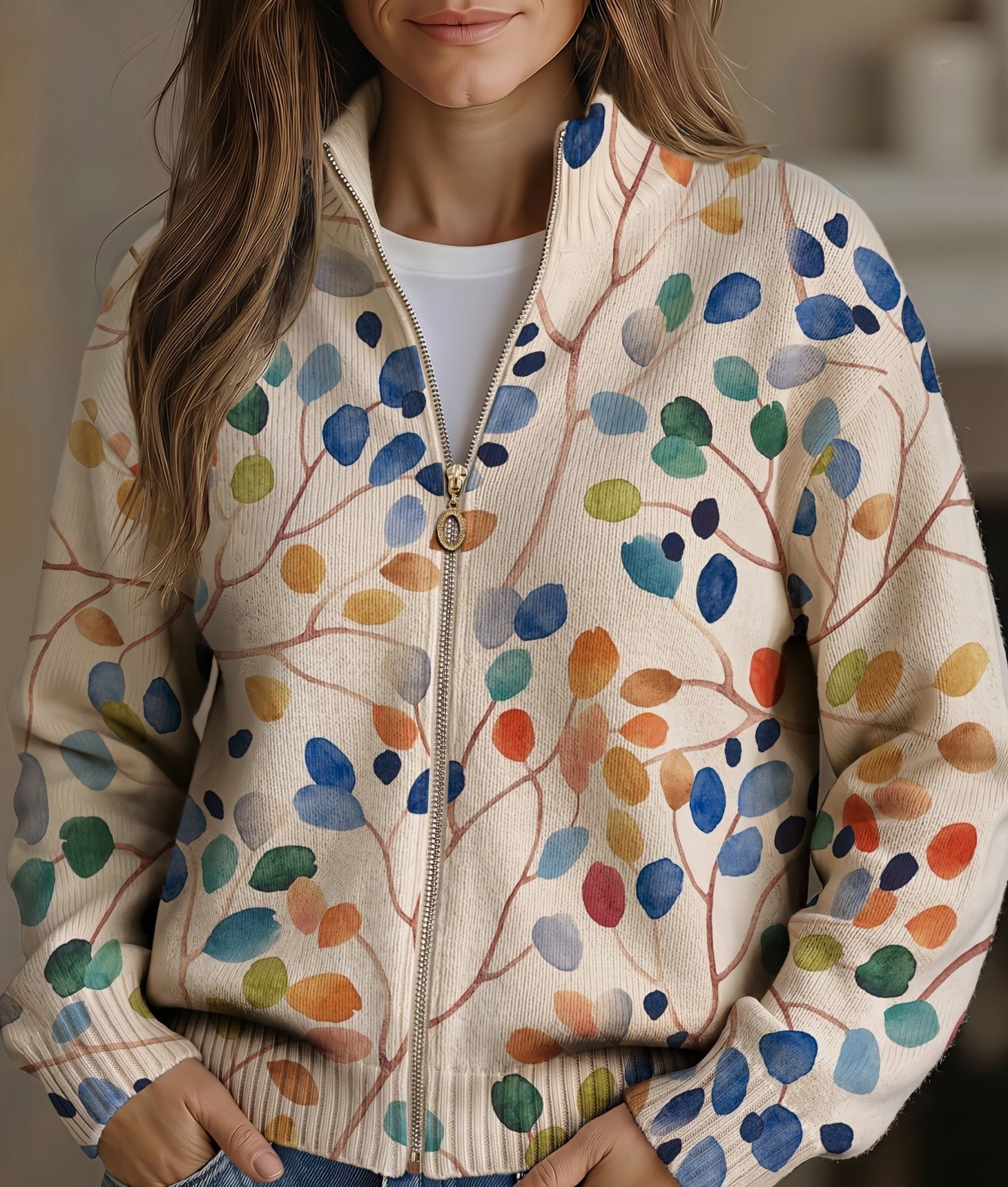 Imogene™ | Botanical Leaf Print Zip Cardigan