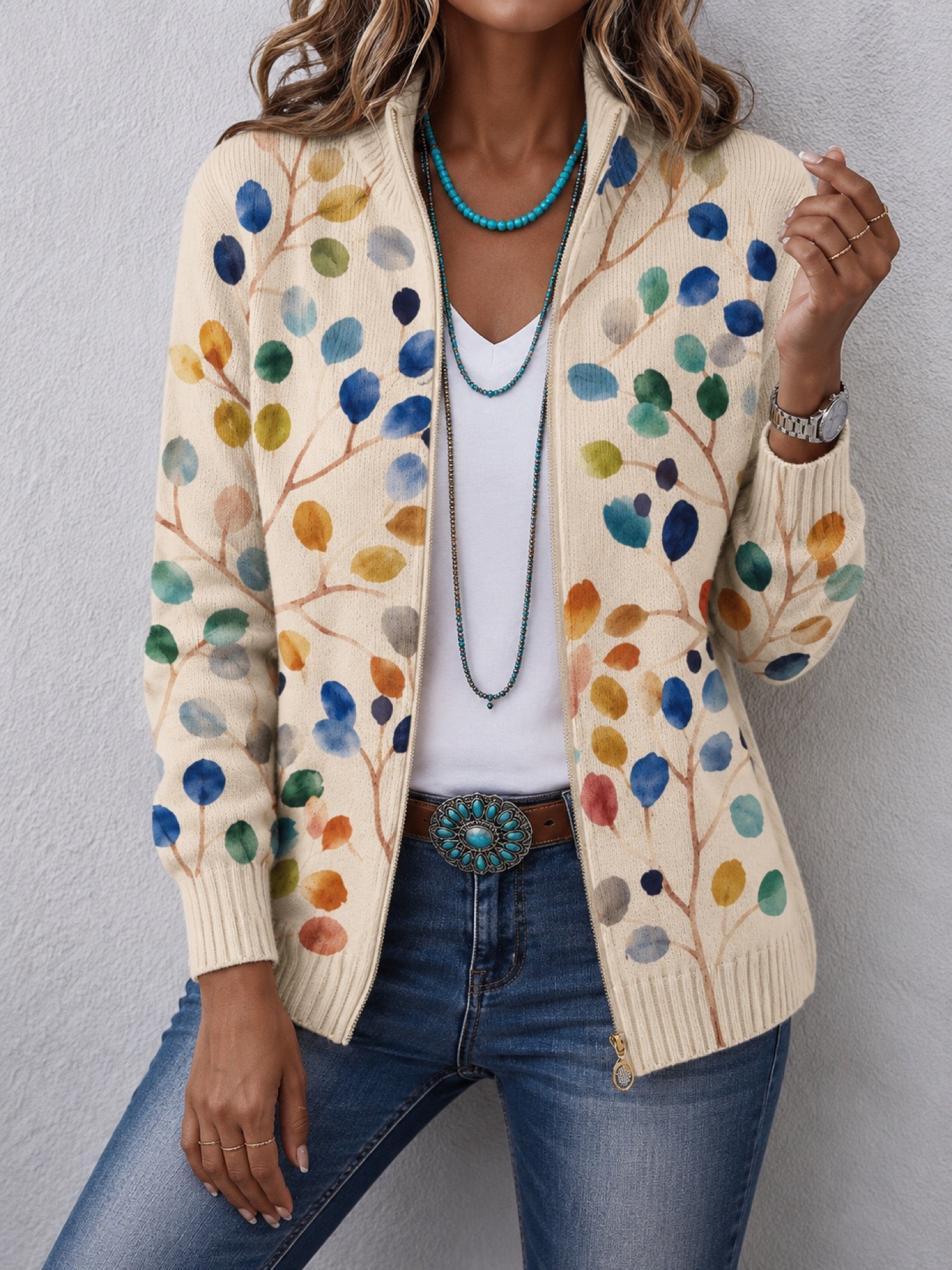 Imogene™ | Botanical Leaf Print Zip Cardigan