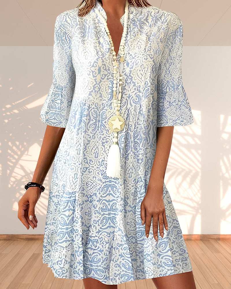 Thessaly™ | V-Neck 3/4 Sleeve Paisley Print Dress