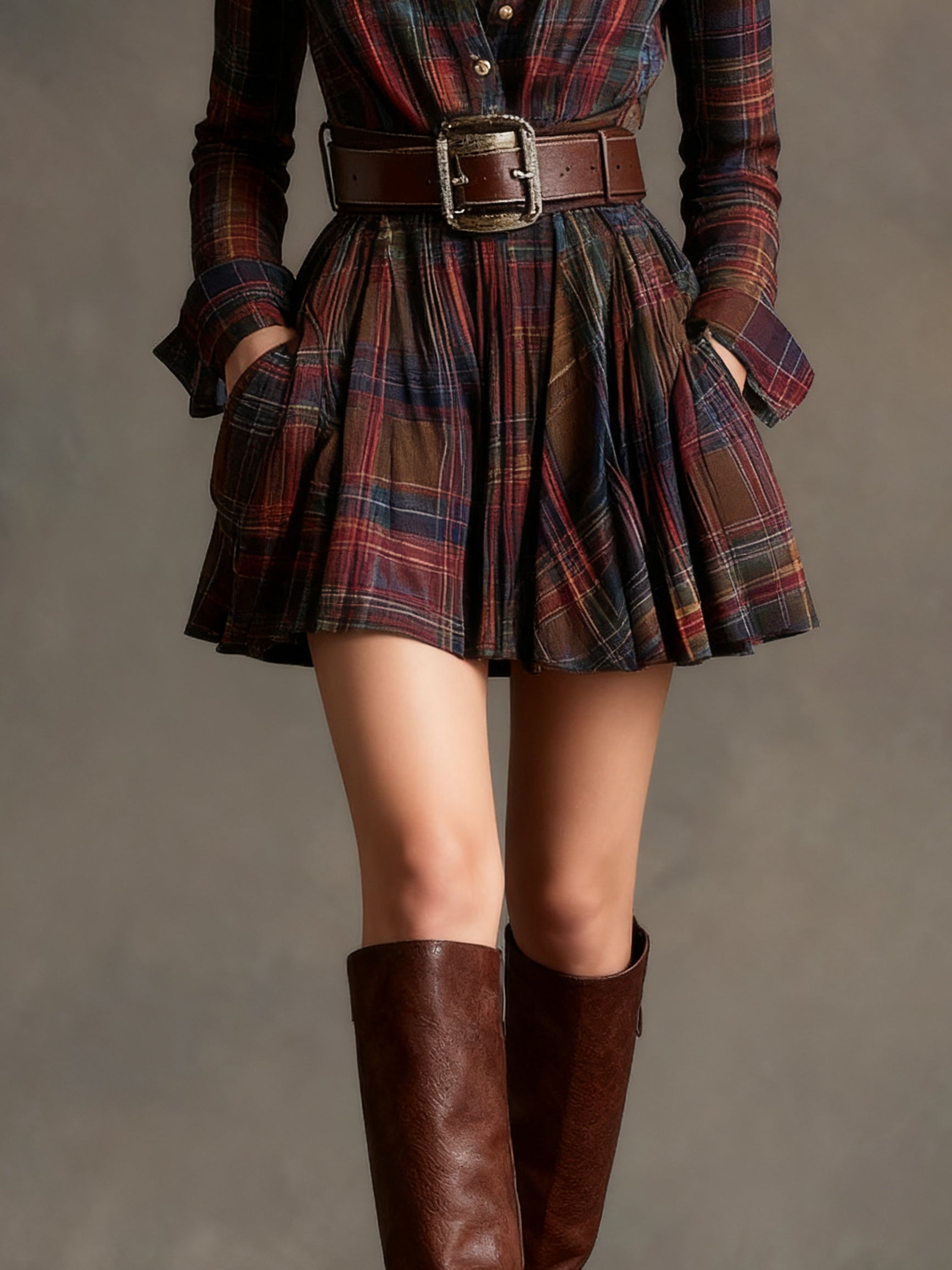 Marguerite™ | Plaid Mini Shirt Dress with Belted Pleated Style