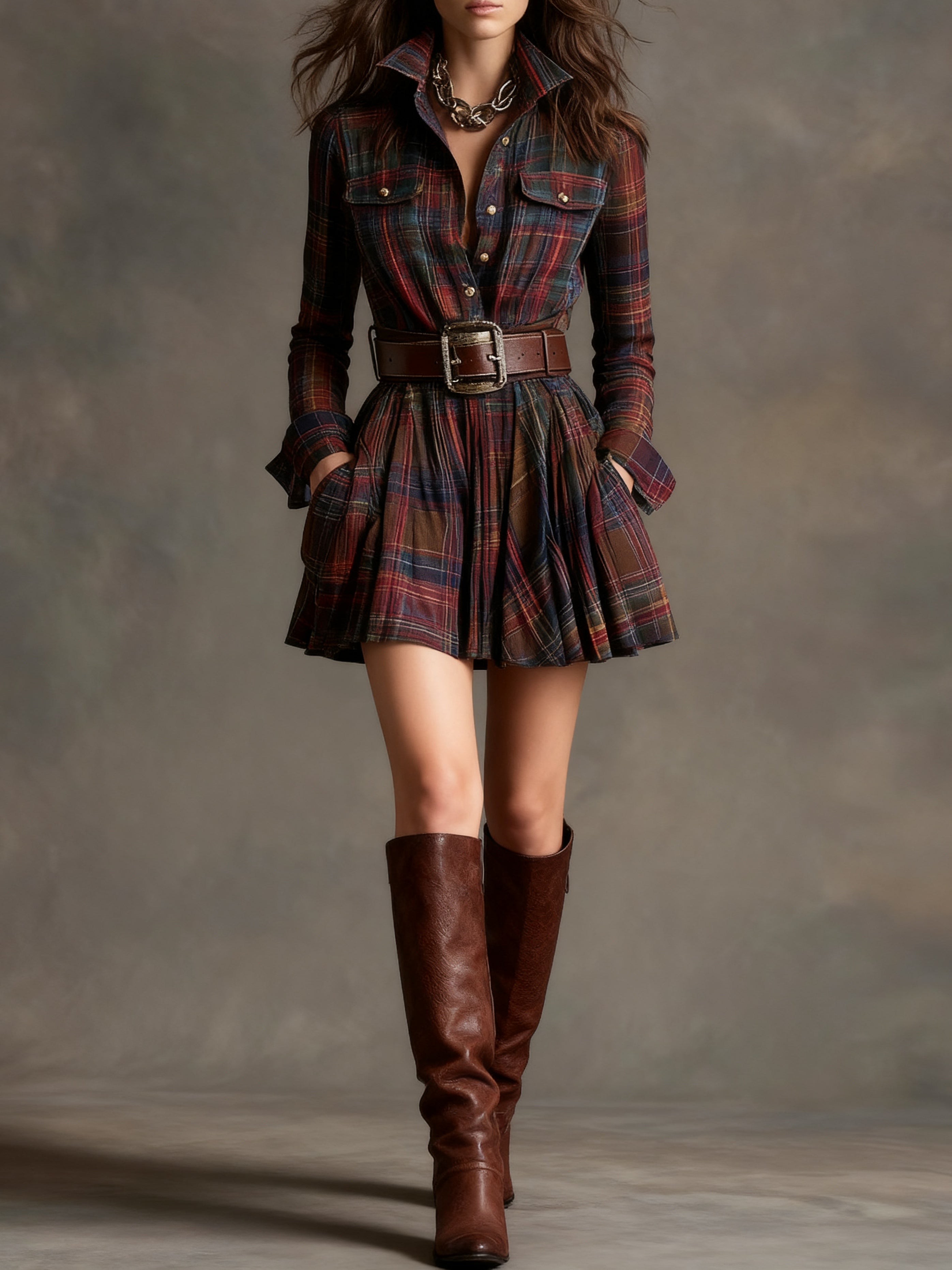 Marguerite™ | Plaid Mini Shirt Dress with Belted Pleated Style