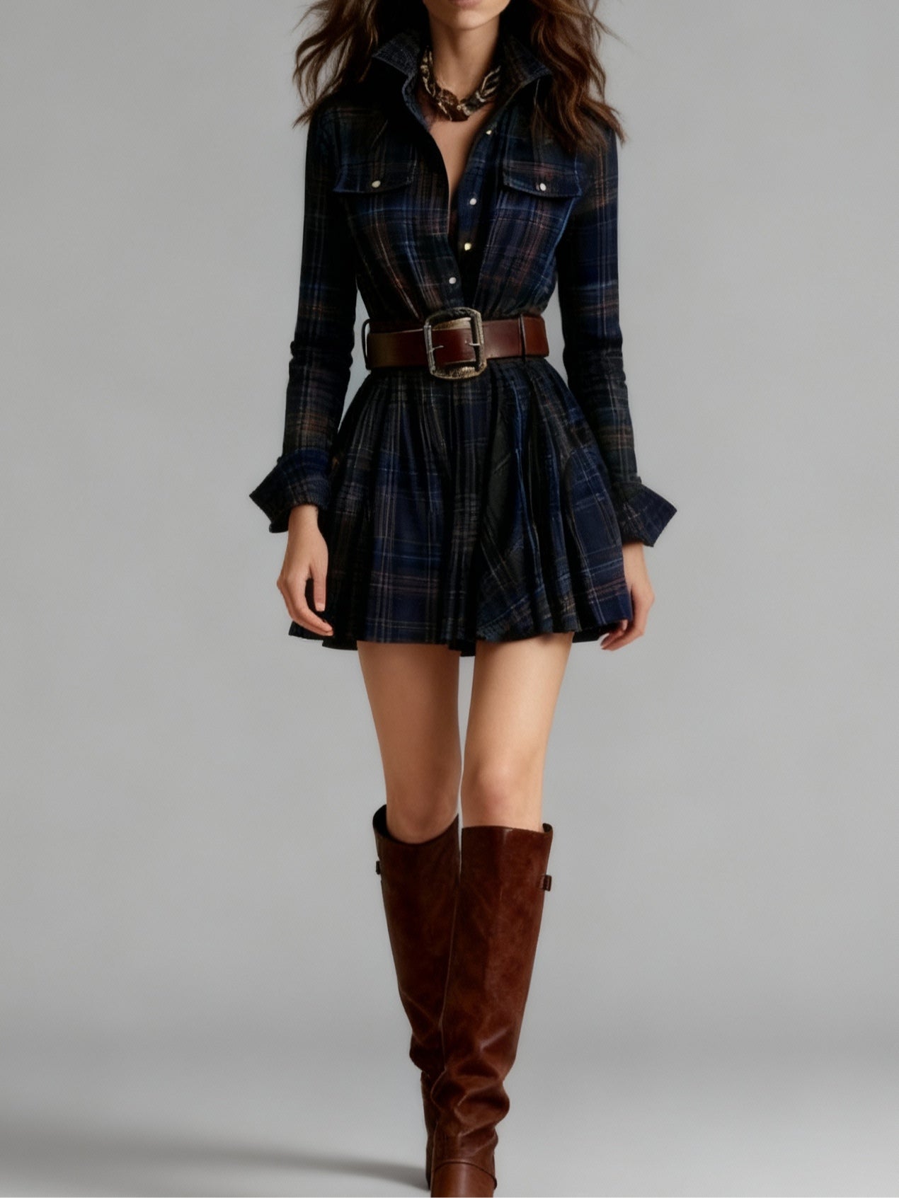 Marguerite™ | Plaid Mini Shirt Dress with Belted Pleated Style