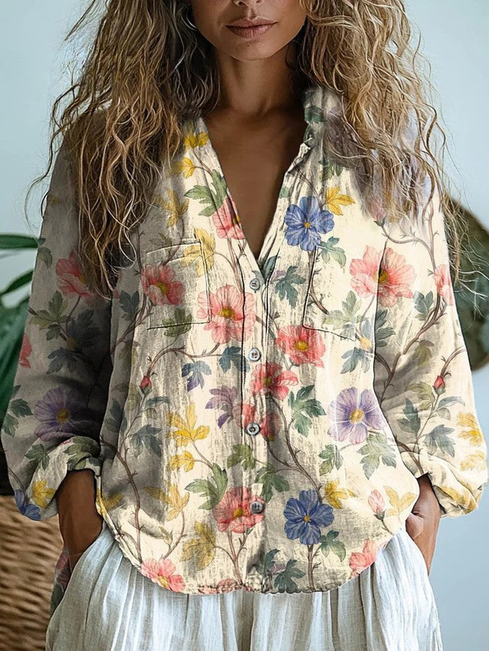 Clairette™ | Vintage Wildflower Relaxed Button-Down Blouse