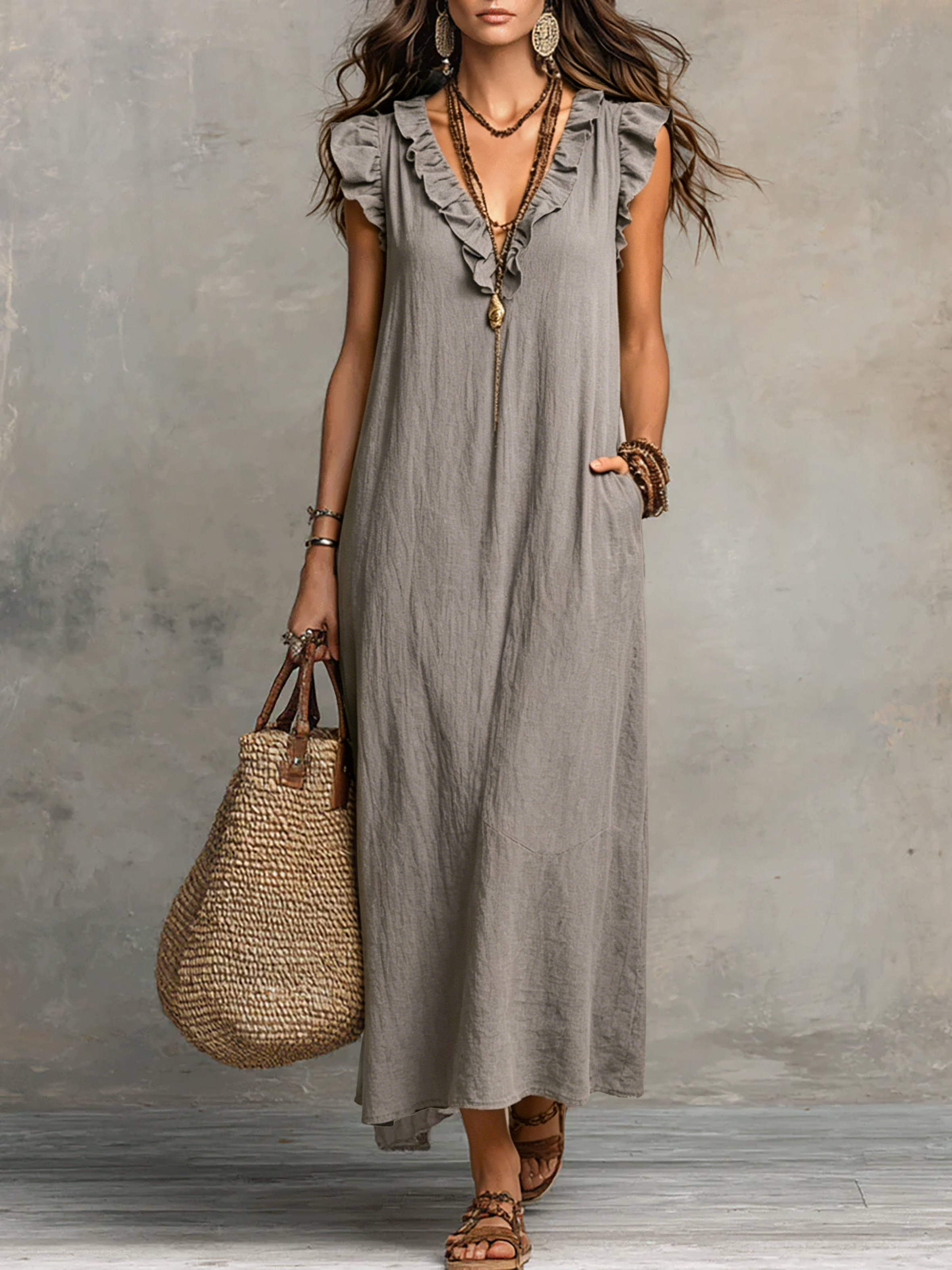 Cecily™ | Sleeveless Ruffle V-Neck Flowy Maxi Dress