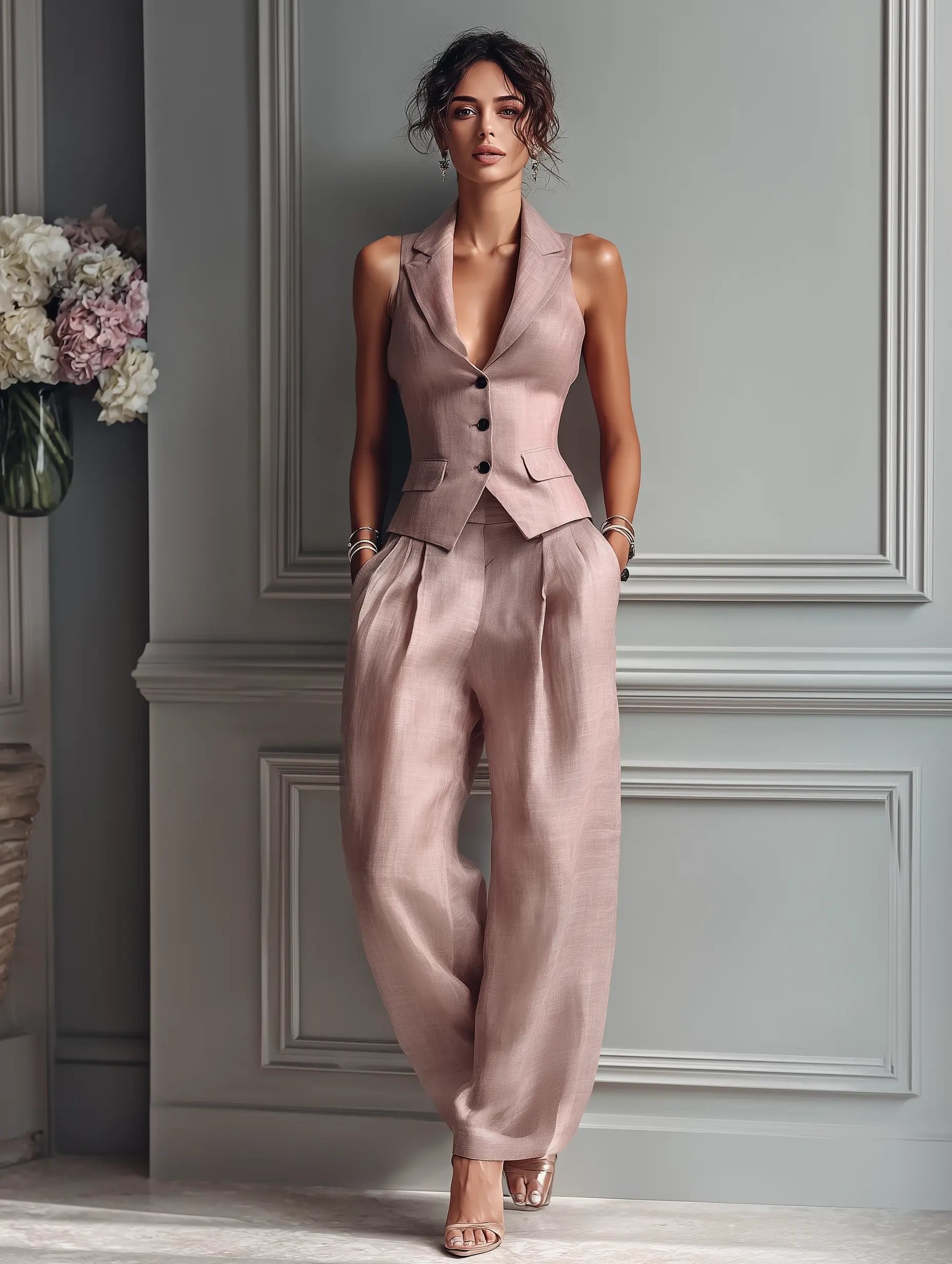 Nevelle™ | Sleeveless Lapel Vest & Wide-Leg Pants Two-Piece Set in Blush Pink