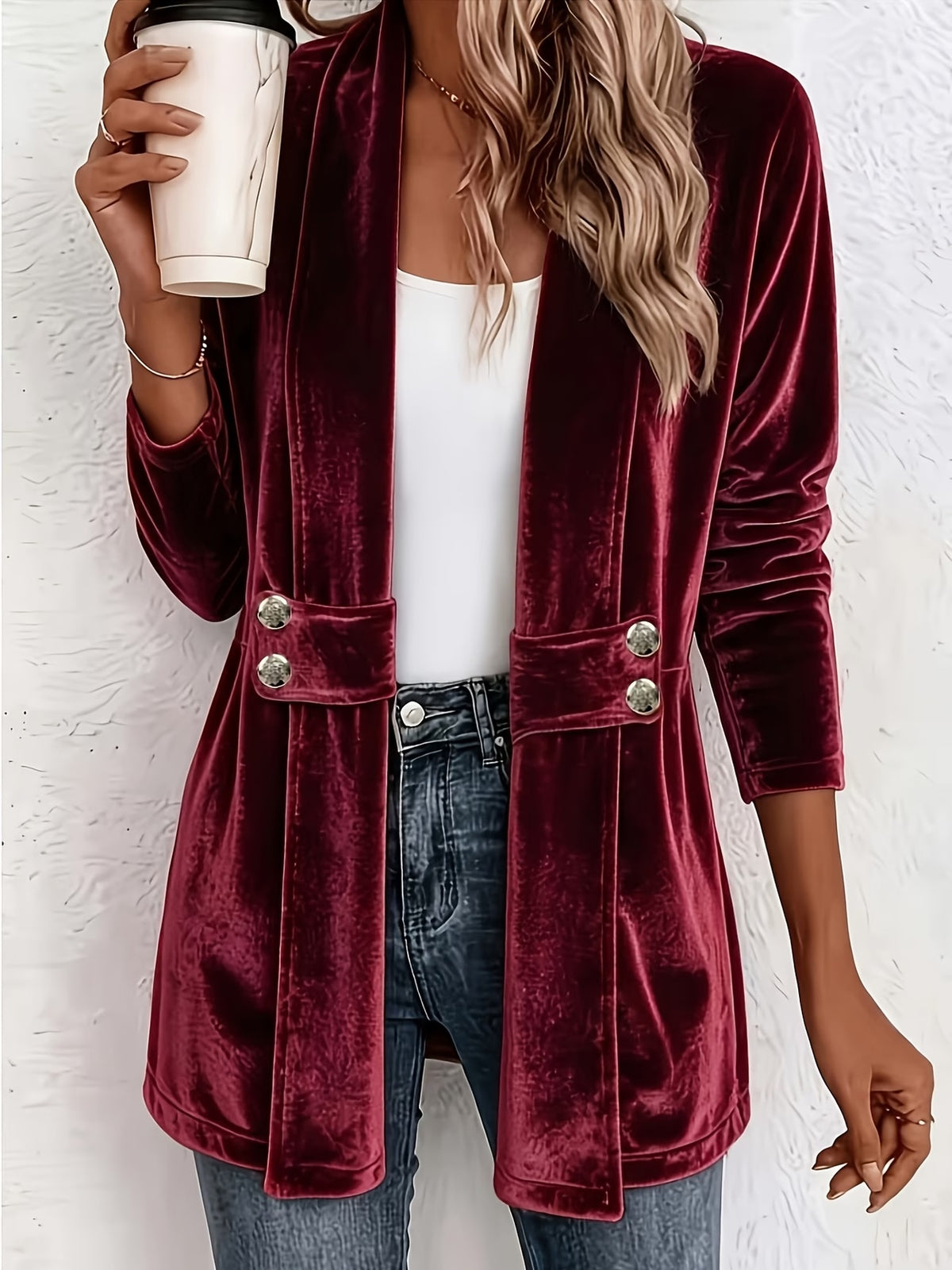 Livia™ | Wine Velvet Button-Tab Cardigan