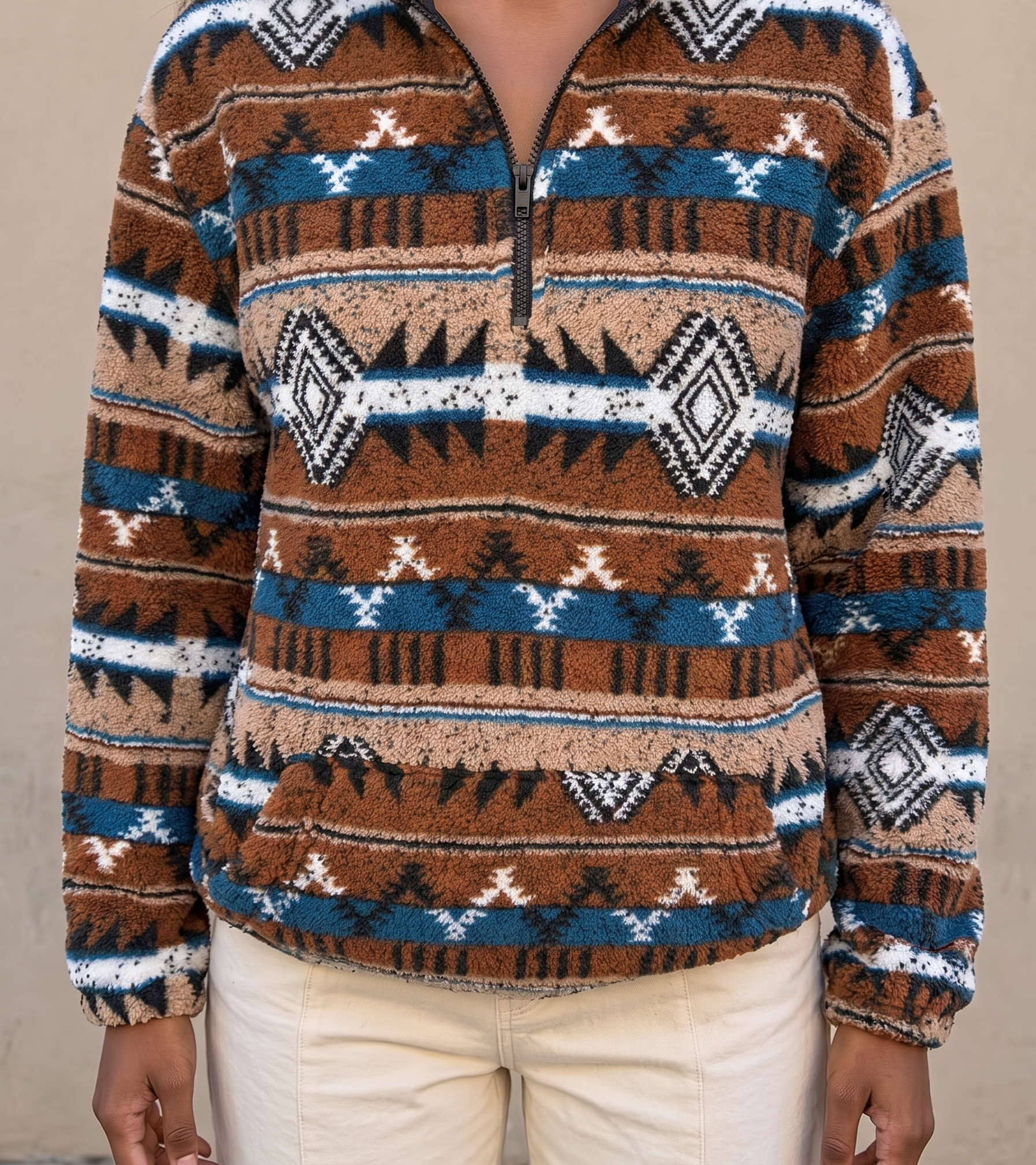 Amberlyn™ | Striped Aztec Half-Zip Sherpa — 1