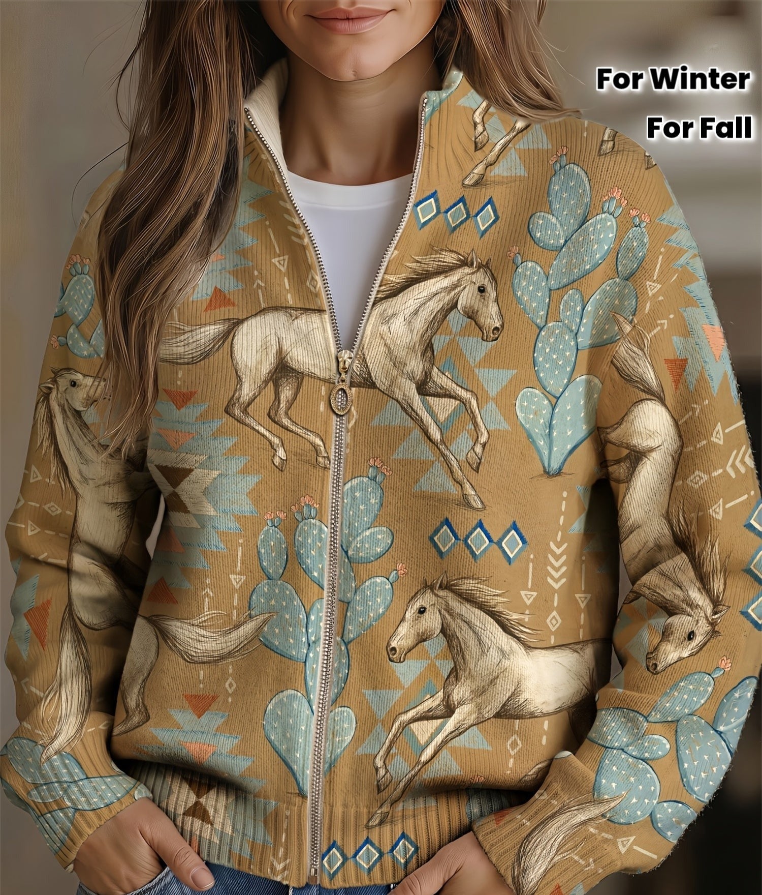 Marlene™ | Southwest Horse & Cactus Zip Cardigan