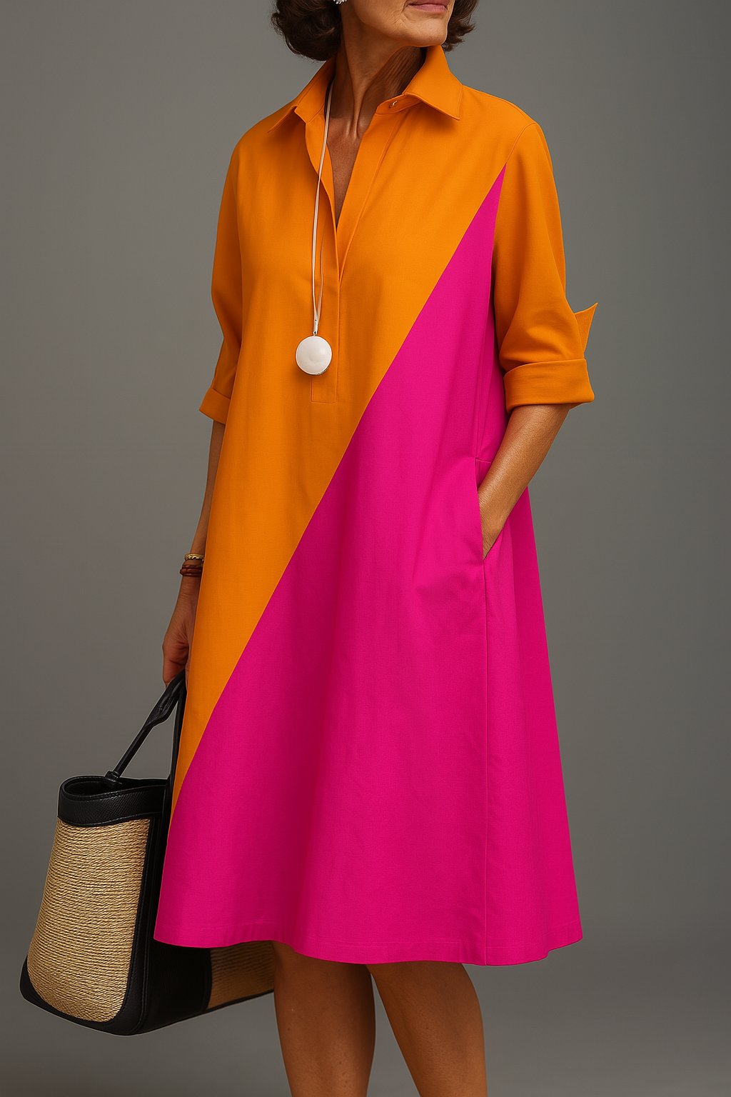 Midi Dress Diagonal Colourblock Cotton Collared V-Neck