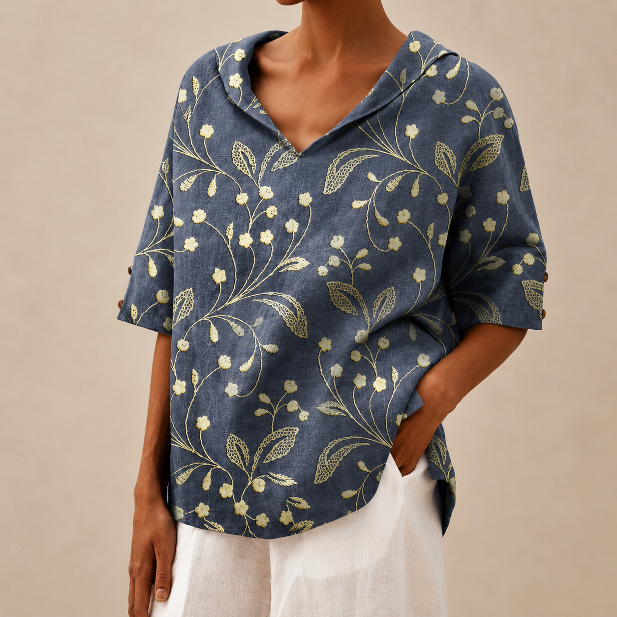 Noelia™ | Golden Bloom V-Neck Tunic