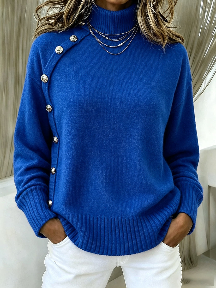 Amelia | Elegant Crimson Asymmetrical Button Turtleneck Sweater